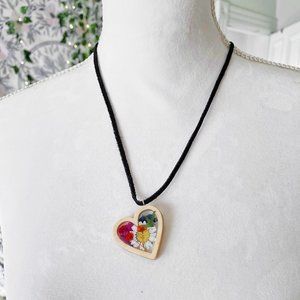Heart shaped rainbow pride colorful floral botanical resin necklace wooden frame